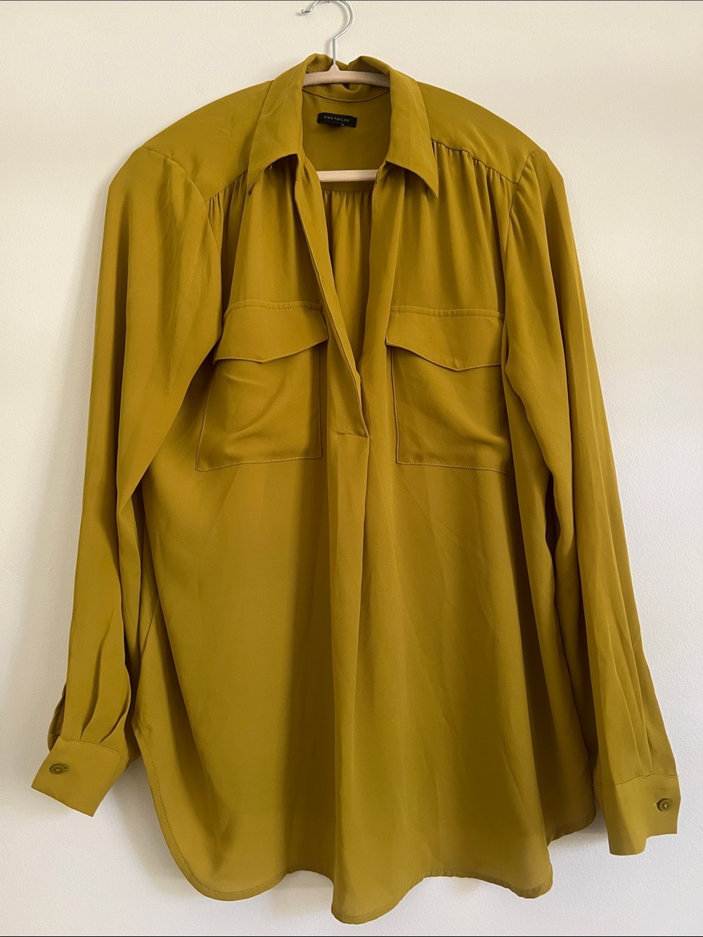 Ann Taylor Mustard Silk Button-Front Blouse